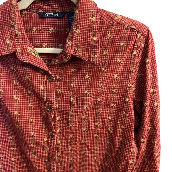 Vintage Krazy Kat Red Fall Floral Embroidered Button-Down Top, M - Picture 6 of 9